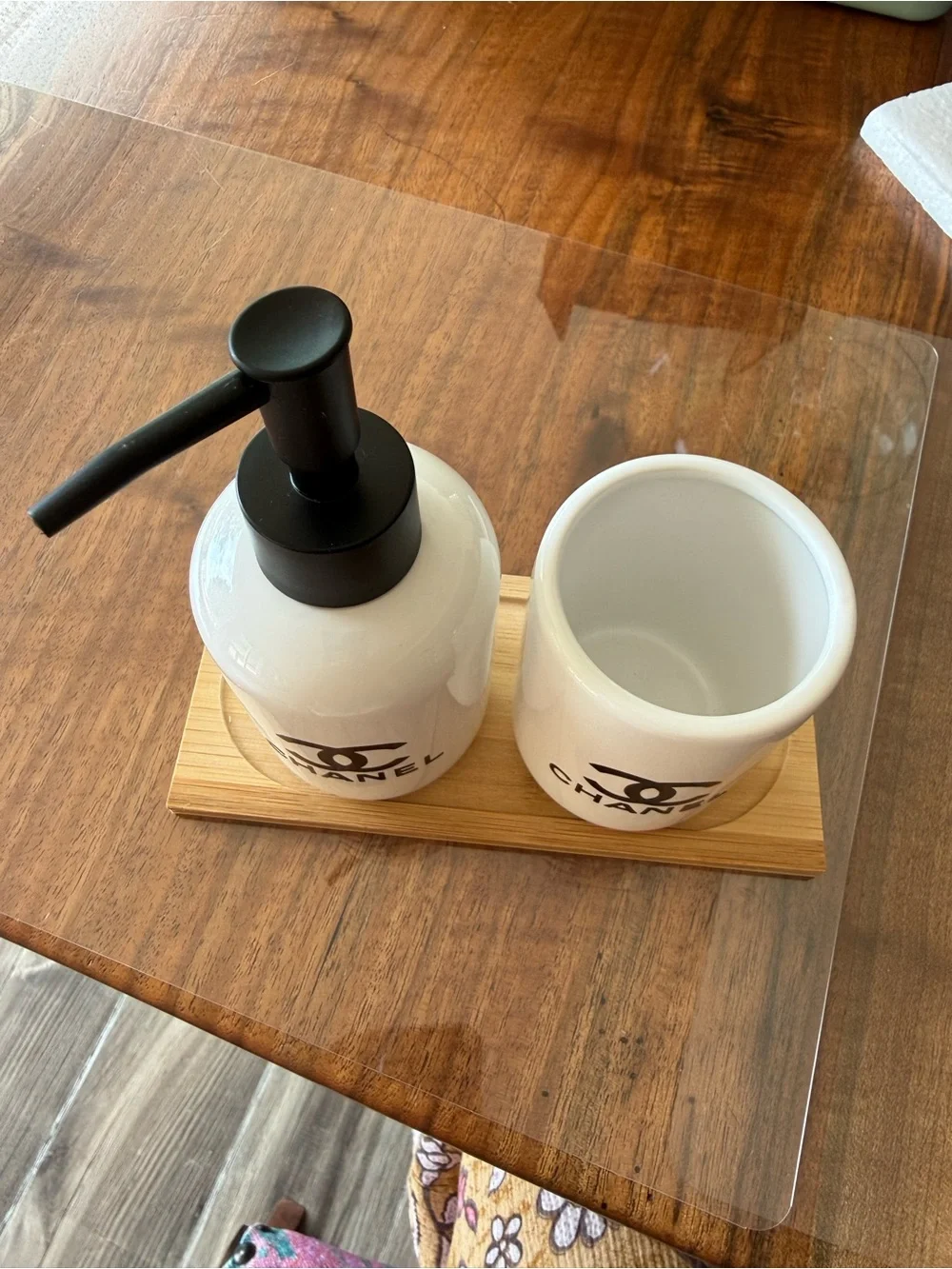 ChaneI White Ceramic Vanity Dispenser and Cup Set with Black Logo